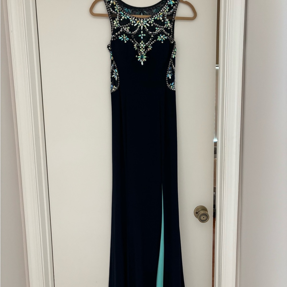 Betsy & Adam Navy and Teal Beaded Prom Dress